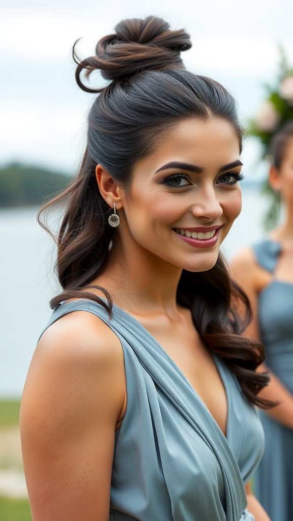 A bridesmaid with a high twisted ponytail hairstyle, featuring soft curls and wearing a blue dress.