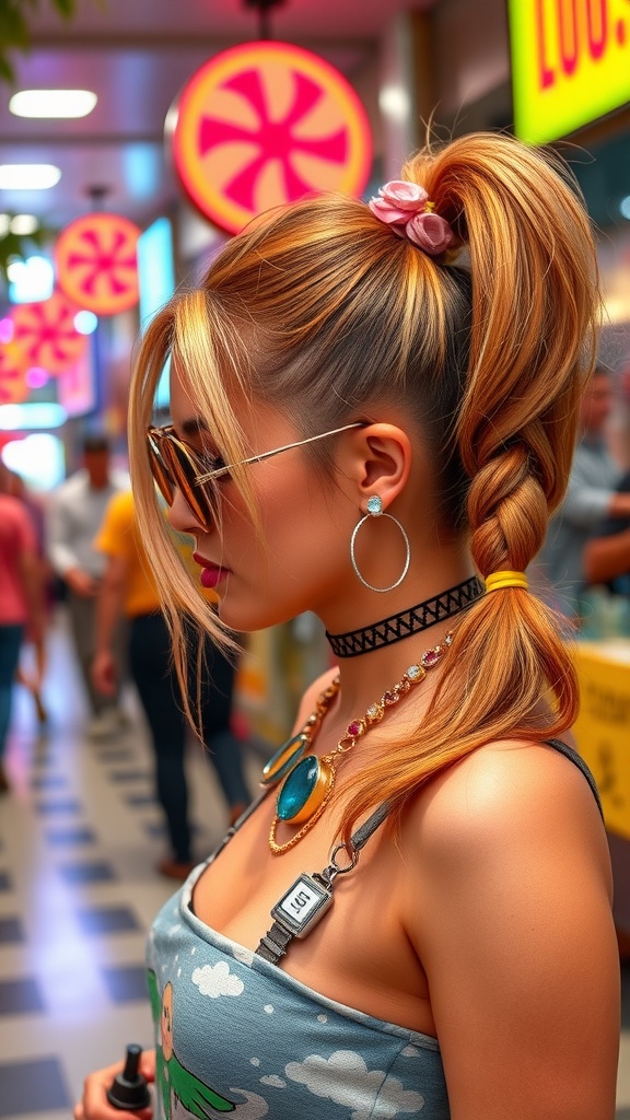 A stylish woman with a high volume side ponytail, wearing sunglasses and bold jewelry, set against a colorful background.