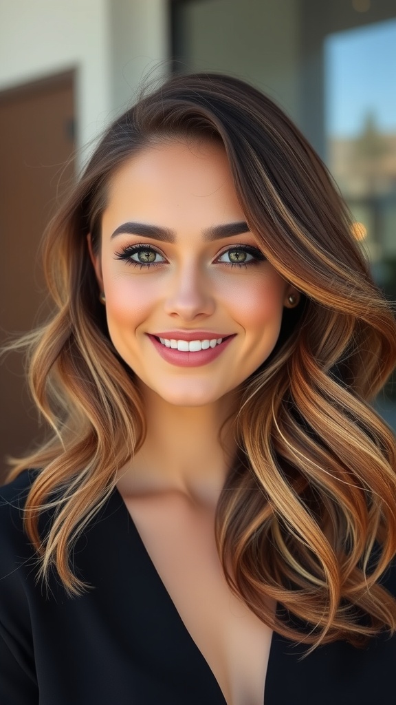 A woman with Hollywood waves and blonde balayage on brown hair, smiling confidently.