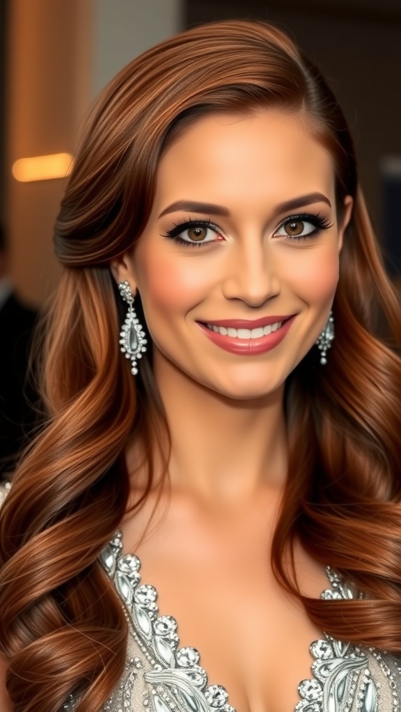 A woman with Hollywood waves and a deep side part, wearing elegant earrings and a sparkling dress.
