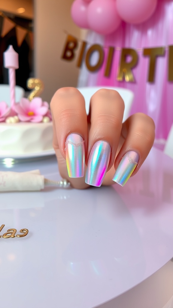 Close-up of holographic nails with a birthday theme in the background