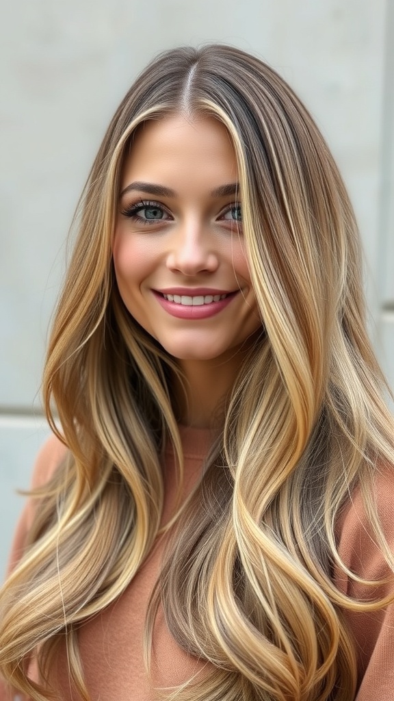 A woman with honey ash blonde long layers and a middle part, smiling at the camera.