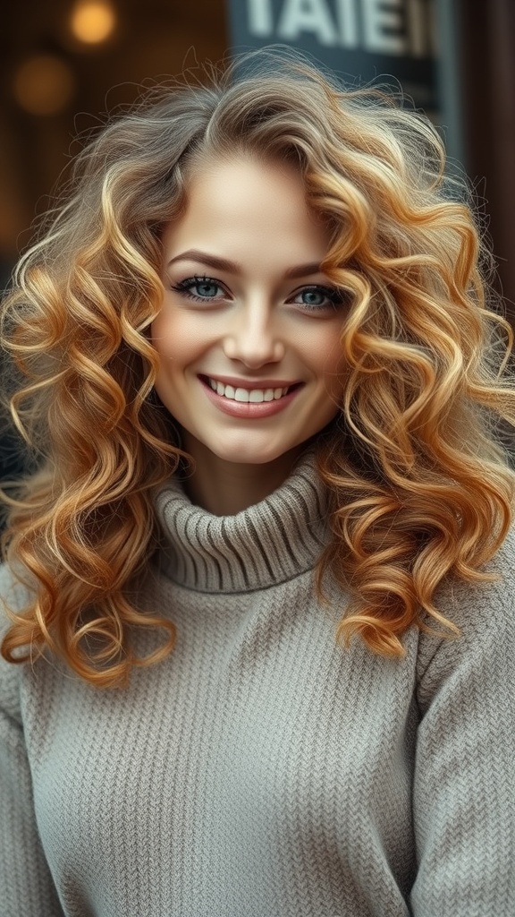 A woman with honey blonde curly hair styled with a deep part, wearing a cozy sweater and smiling.