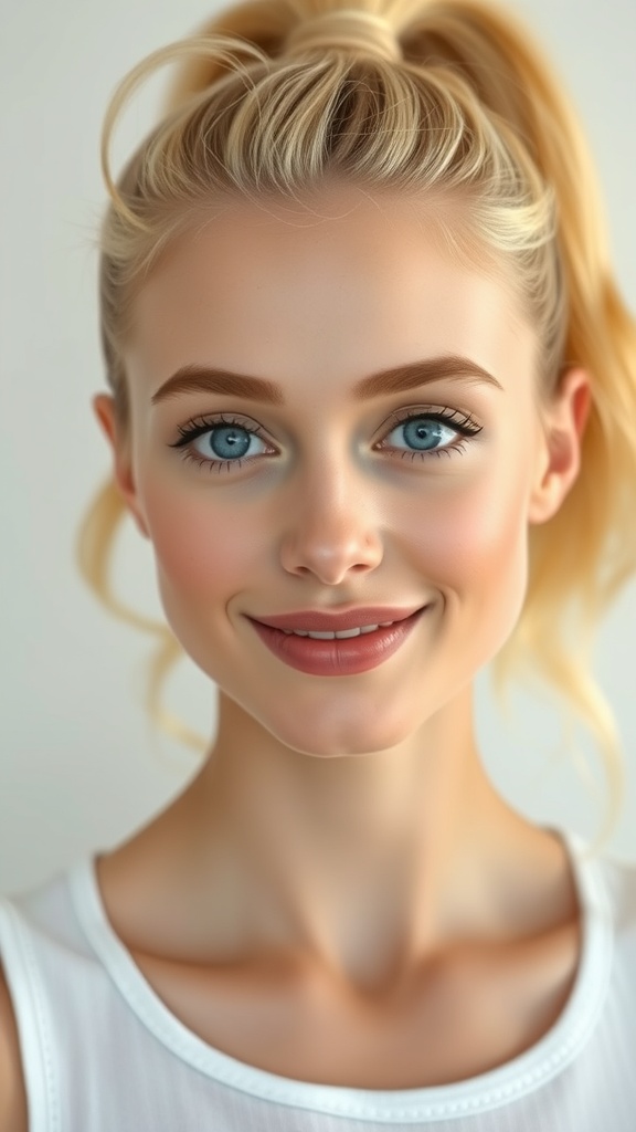 A woman with a honey blonde high ponytail and blue eyes, smiling at the camera.