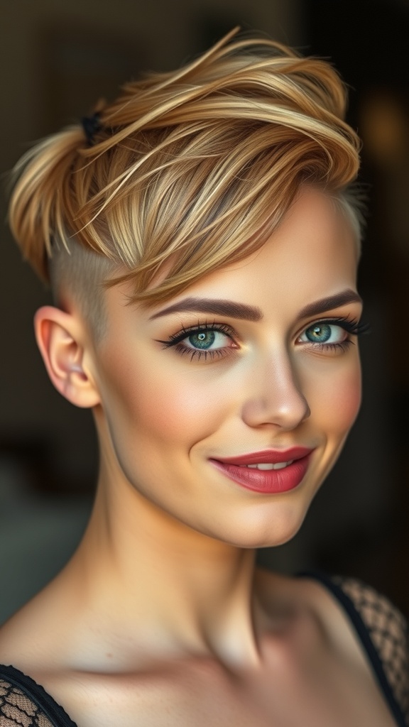 A woman with honey blonde undercut and side part hairstyle, showcasing warm autumn tones.
