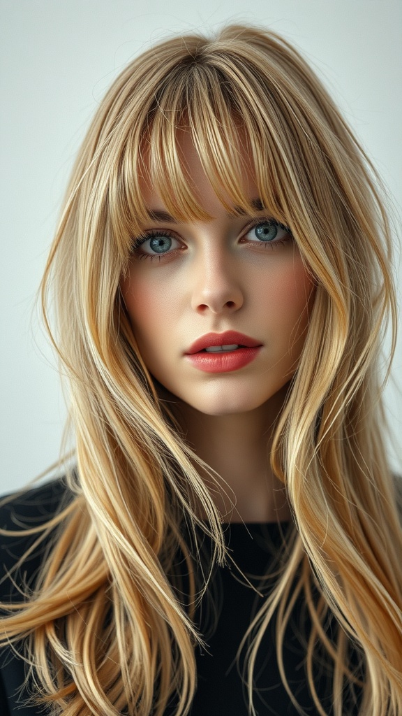 A woman with honey blonde hair and curtain bangs, showcasing a fresh and modern hairstyle.