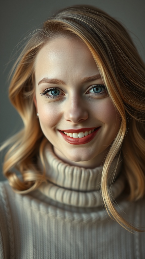 A woman with honey blonde hair featuring sandy lowlights, smiling warmly.