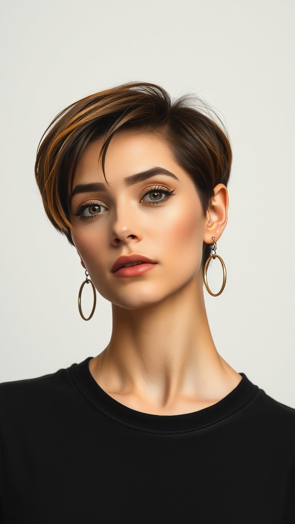 A model with a honey tea brown pixie cut, showcasing soft brown hair and stylish earrings.