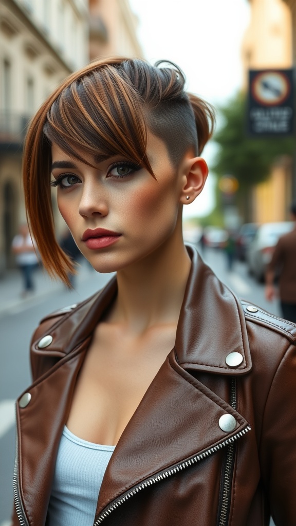 A woman with a honey tea brown undercut bob hairstyle, wearing a leather jacket, standing on a city street.