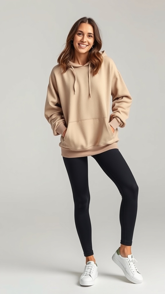A woman smiling while wearing a beige hoodie and black leggings, showcasing a cozy fall outfit.