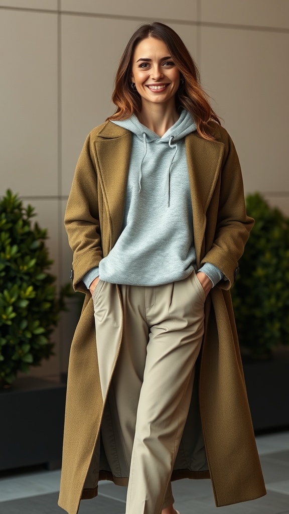 A woman wearing a gray hoodie and a long brown coat, smiling while standing outdoors.