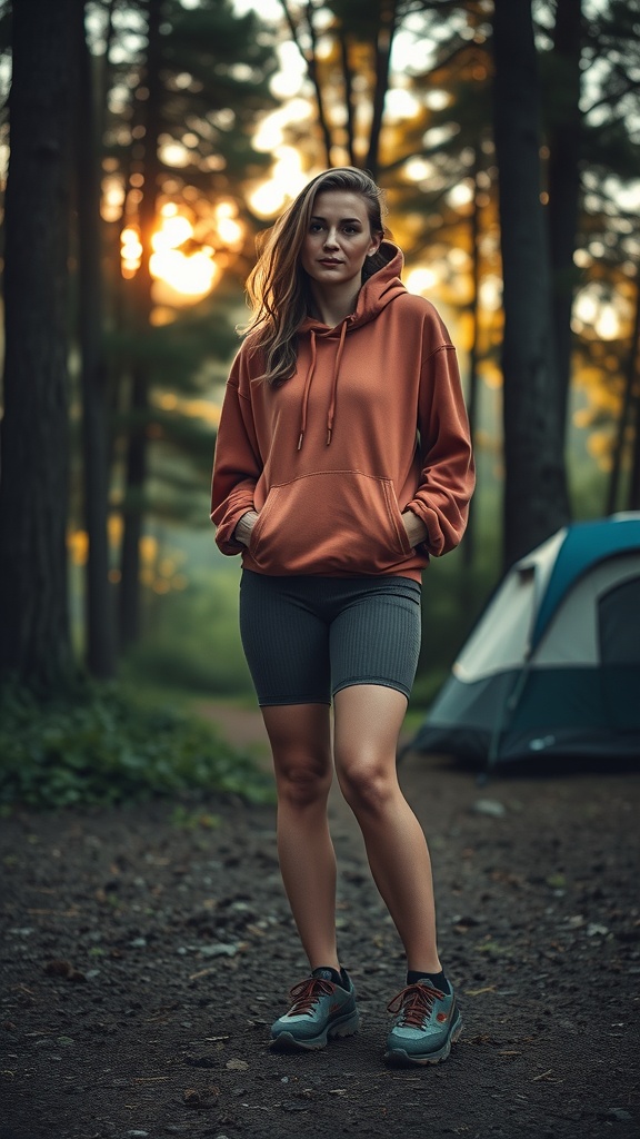 A woman wearing an orange hoodie and ribbed bike shorts standing in a forest near a tent during sunset.
