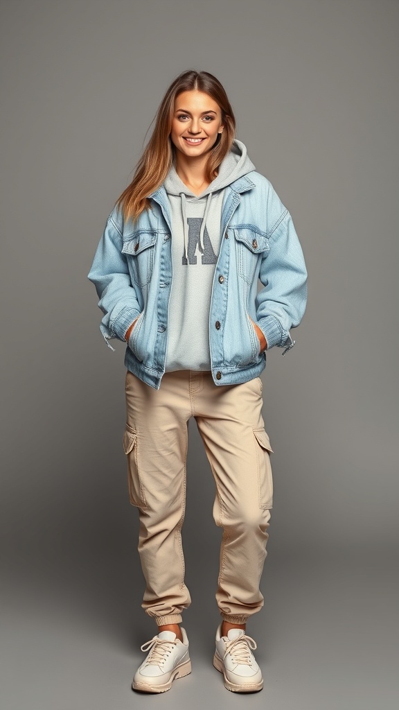 A woman wearing a hoodie under a denim jacket with cargo pants, smiling at the camera.
