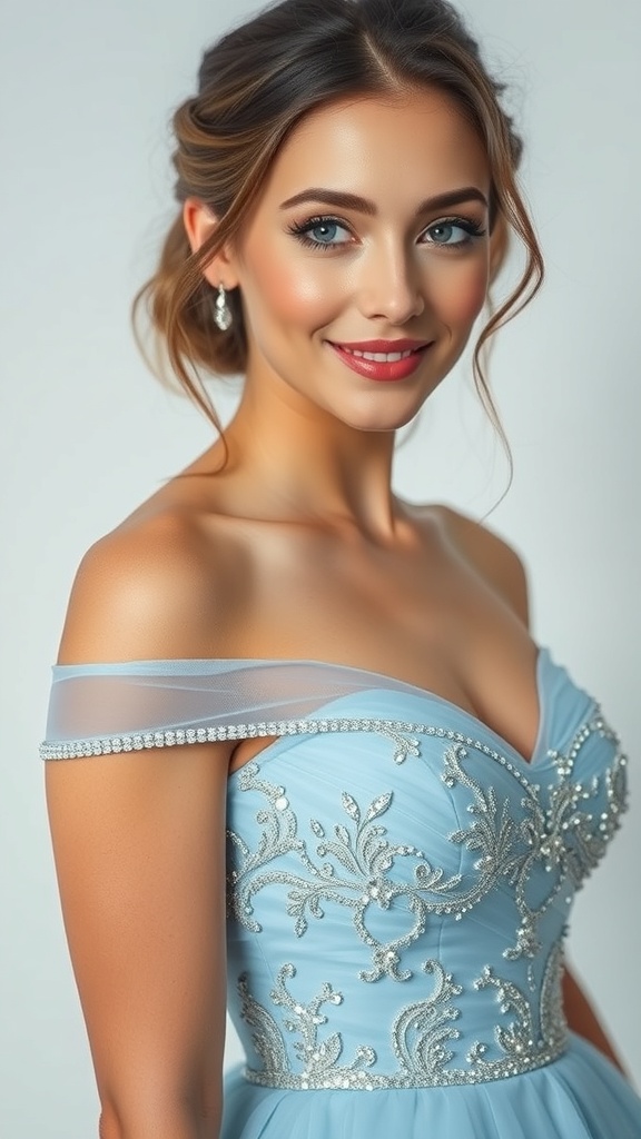 A woman wearing an ice blue off-shoulder prom dress with intricate beadwork.