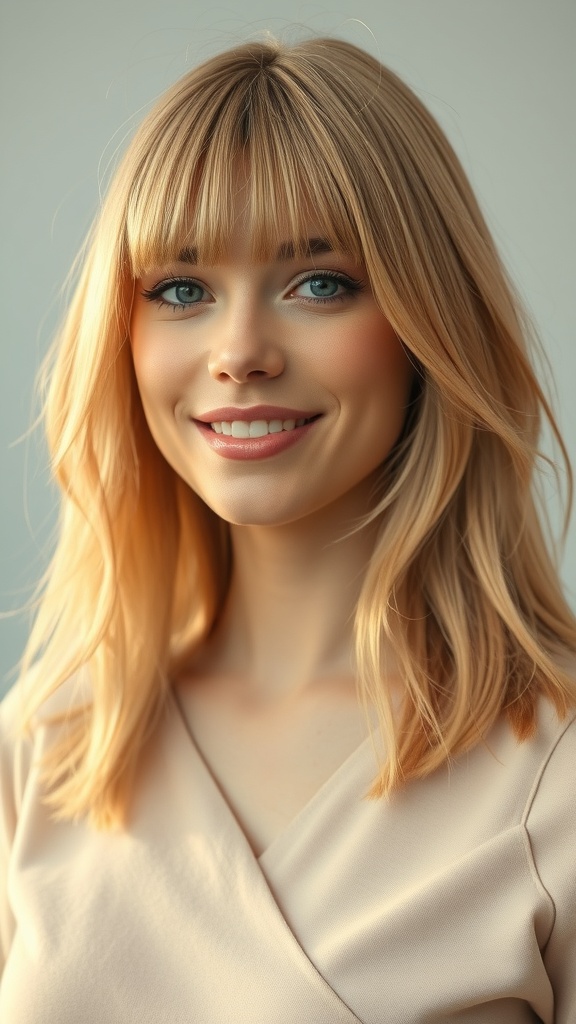 A woman with icy beige blonde lob hairstyle and tapered ends, smiling at the camera.