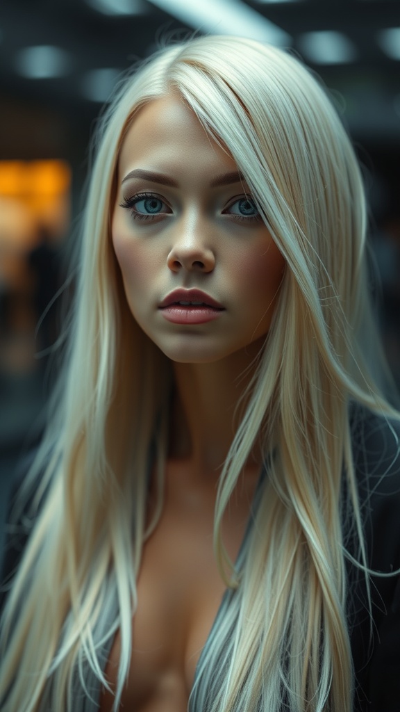 A woman with long, sleek icy blonde hair, showcasing a modern and polished look.