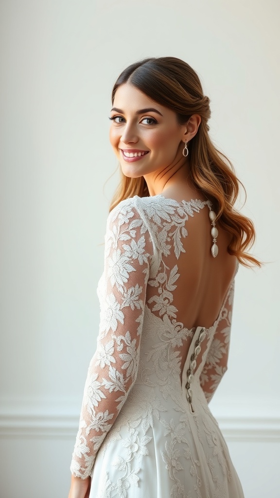 A woman wearing a long sleeve bridal gown with an illusion back and embroidered details, smiling at the camera.
