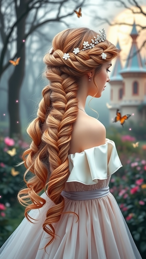 A woman with an intricate lace braid adorned with flowers and a tiara, standing in a dreamy garden setting.