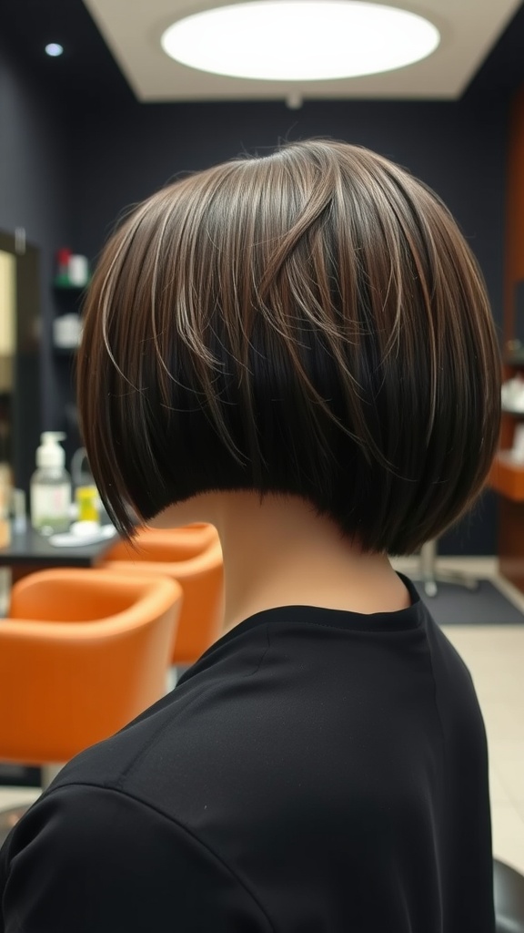 Inverted bob haircut with a glossy finish, showcasing smooth, shiny hair.