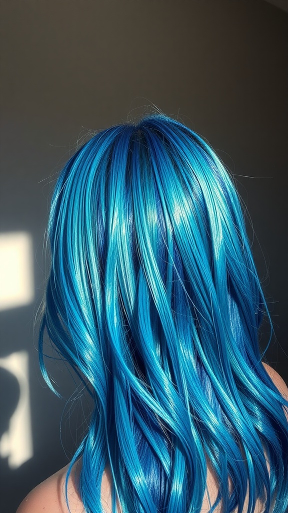 A close-up view of wavy hair in iridescent blue tones, showcasing vibrant shades of blue with light highlights.