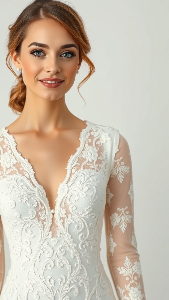 Ivory lace long sleeve wedding dress with pearl embellishments