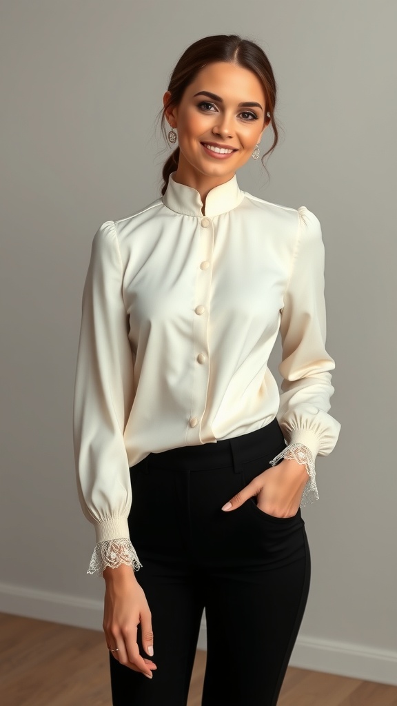 A woman wearing an ivory high-neck long sleeve blouse with slim black pants, smiling and looking polished.