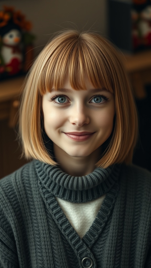 A young woman with a jaw-length straight bob hairstyle and fringe, wearing a cozy sweater.