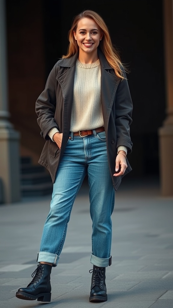 A woman wearing a cozy sweater, oversized coat, and rolled-up jeans with combat boots, smiling in an urban setting.
