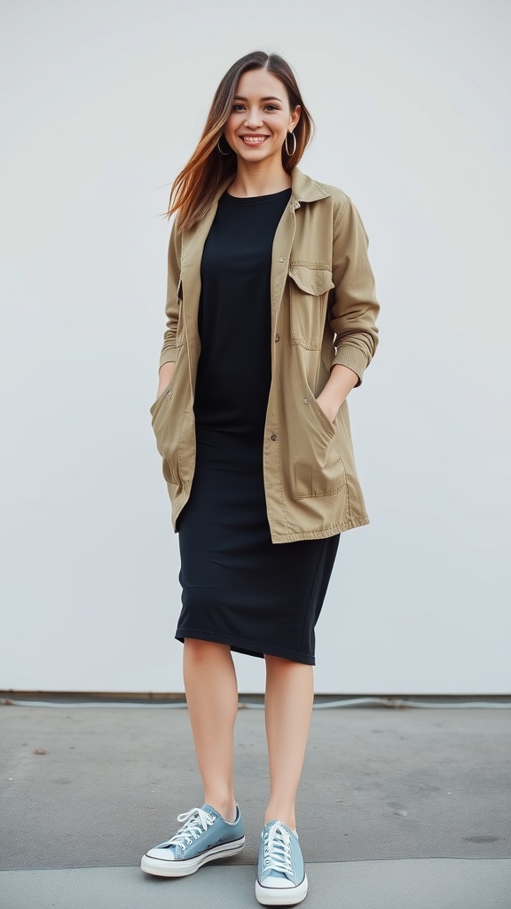 A woman wearing a black jersey dress and a khaki utility jacket, smiling with sneakers on.