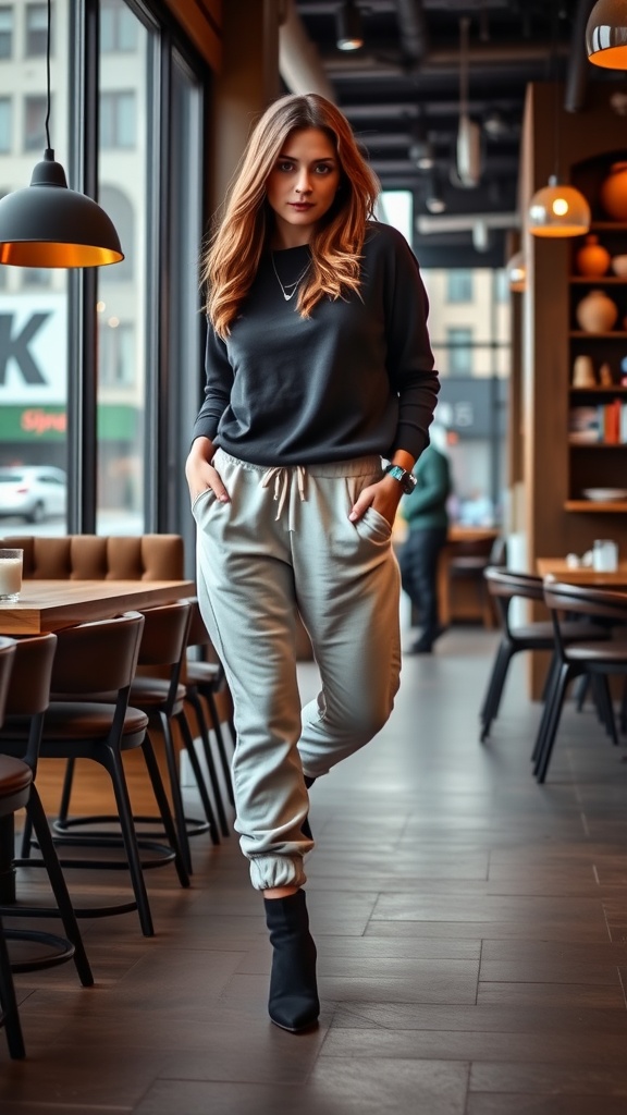 A woman wearing light grey jogger pants and black ankle boots in a café setting.
