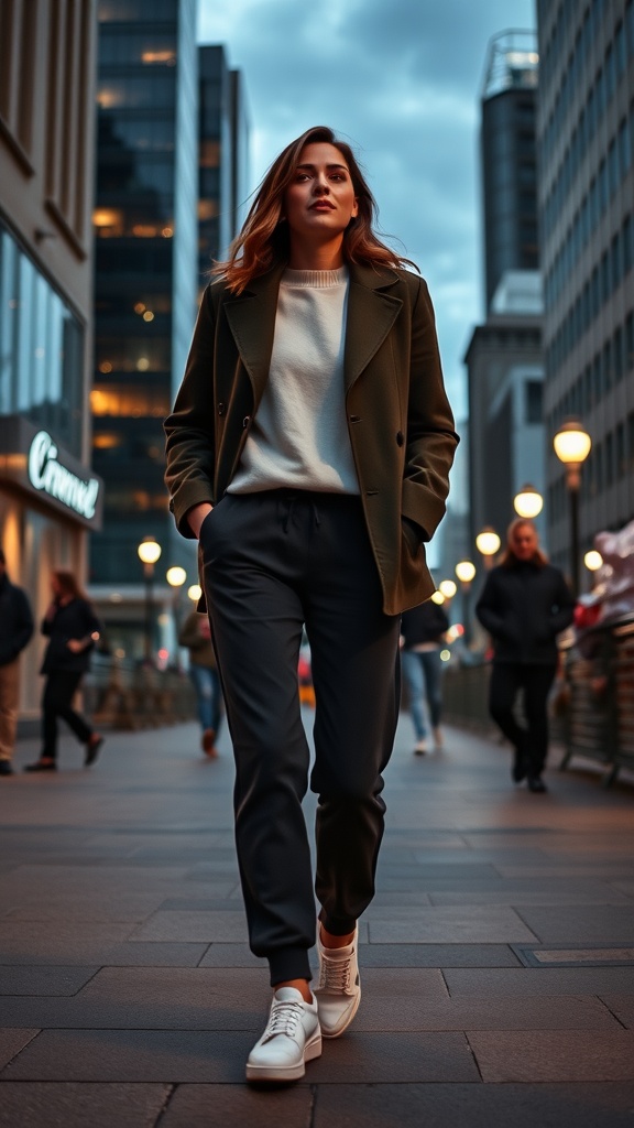 A woman walking in a city wearing jogger pants and a tailored coat.