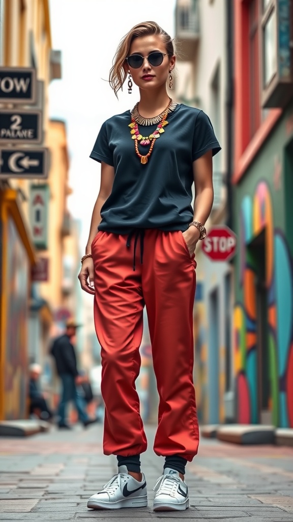 A woman wearing red jogger pants and a black tee, accessorized with colorful statement jewelry and sunglasses, standing in a vibrant street.