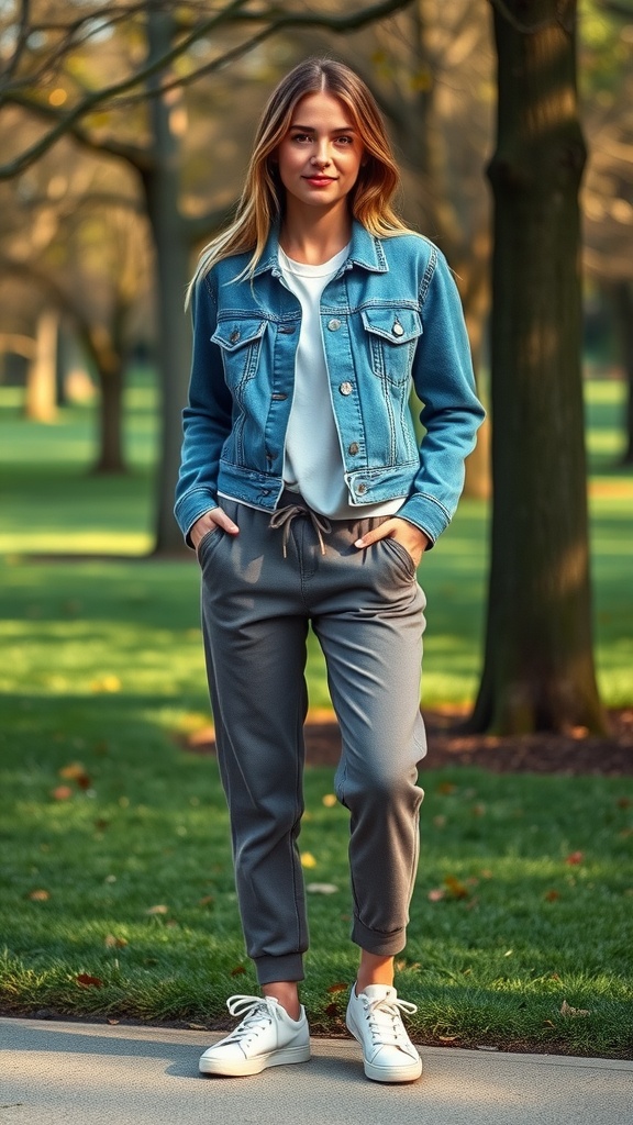 A man wearing jogger pants and a denim jacket, standing in a park.