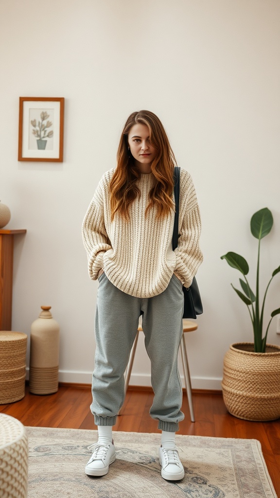 A woman wearing a cream oversized sweater and light gray jogger pants, standing in a cozy indoor setting.