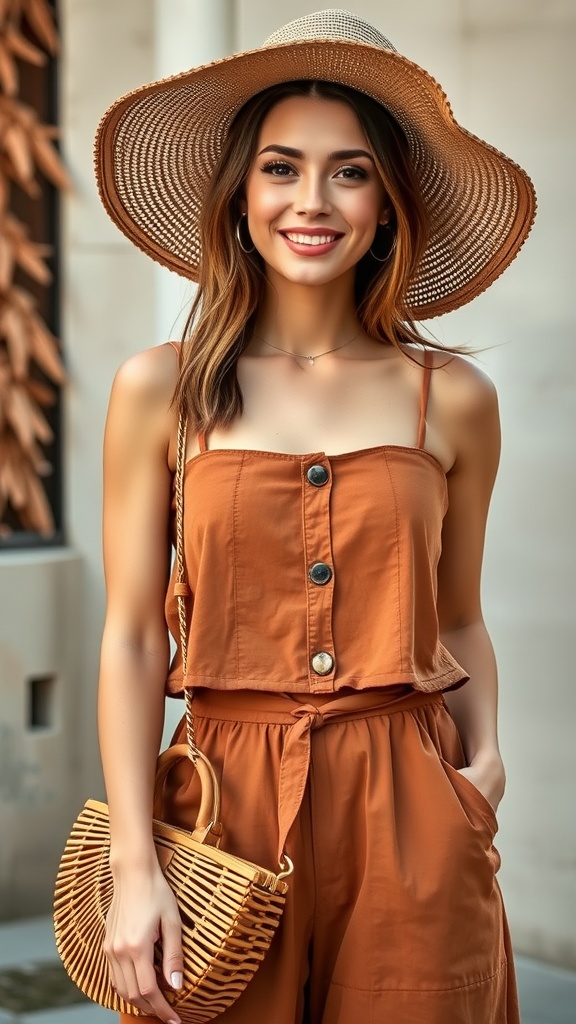 A woman wearing a warm-toned jumpsuit and a straw basket bag, smiling outdoors.