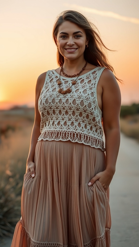A woman smiling while wearing a knit crop top and a flowy maxi skirt during sunset.