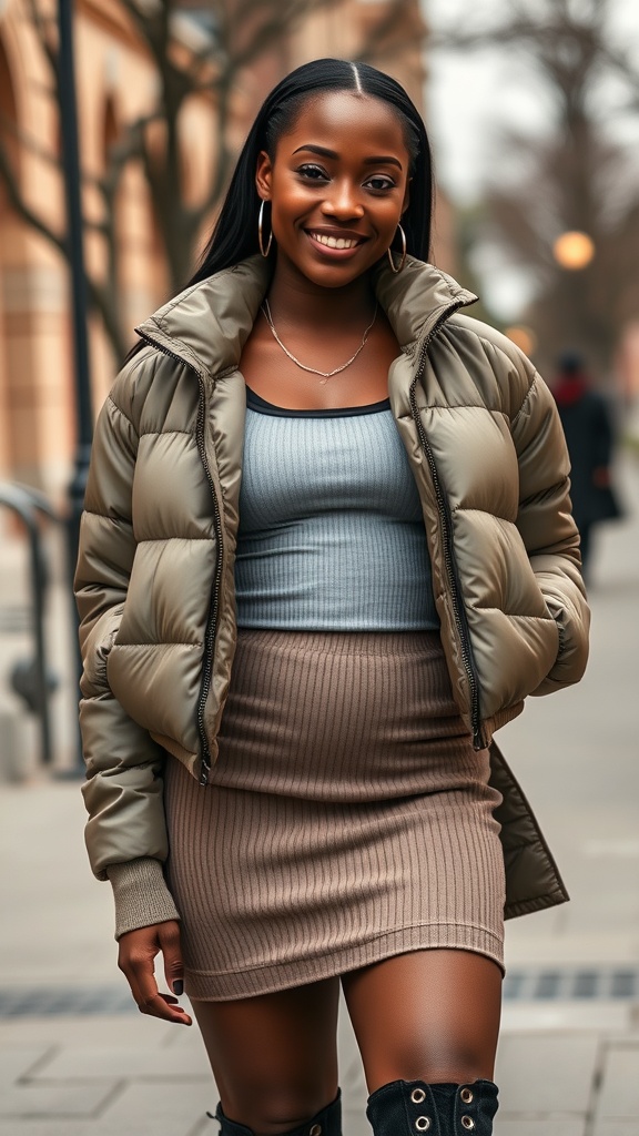 A woman wearing a knit mini skirt and a cropped puffer jacket, smiling outdoors.
