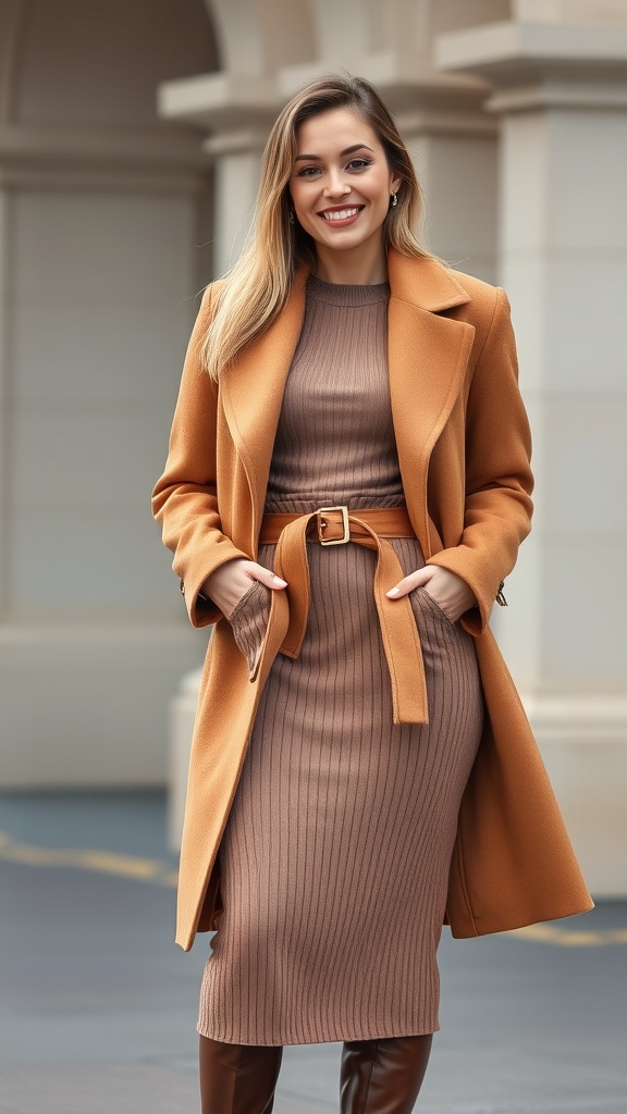 A woman wearing a knit set skirt and a long coat, smiling outdoors.