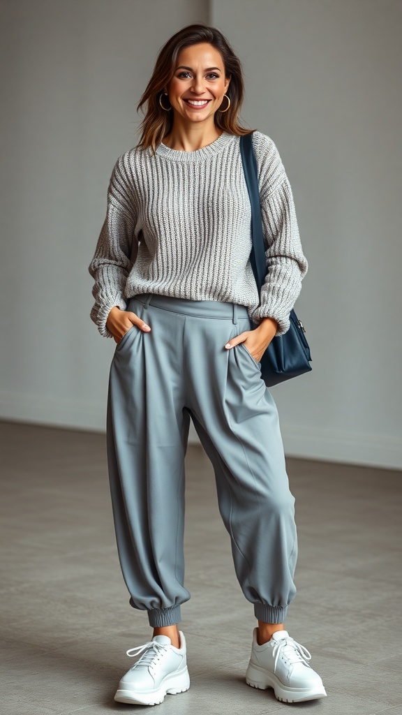 A woman wearing a knit sweater and pleated joggers, smiling and posing in a casual setting.