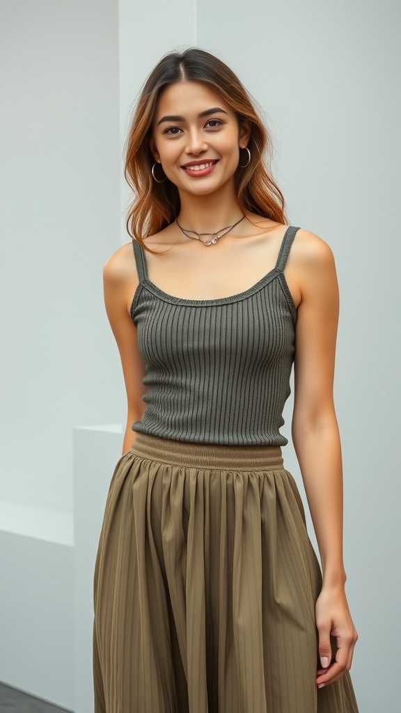 A woman wearing a knit tank top and a flowy skirt, smiling in a modern setting.