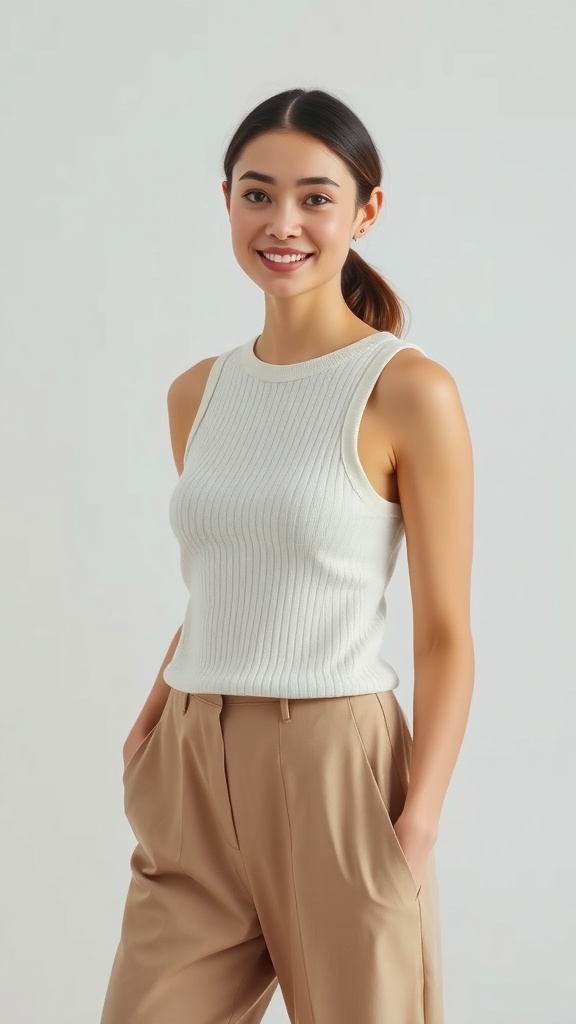 A woman smiling while wearing a white knit tank top and beige wide-leg trousers.