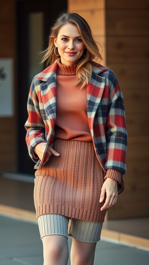 A woman wearing a knitted mini skirt and a plaid shacket, smiling outdoors.