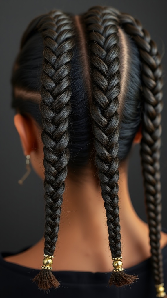 Close-up of two knotless braids with beaded ends, showcasing a sleek hairstyle.