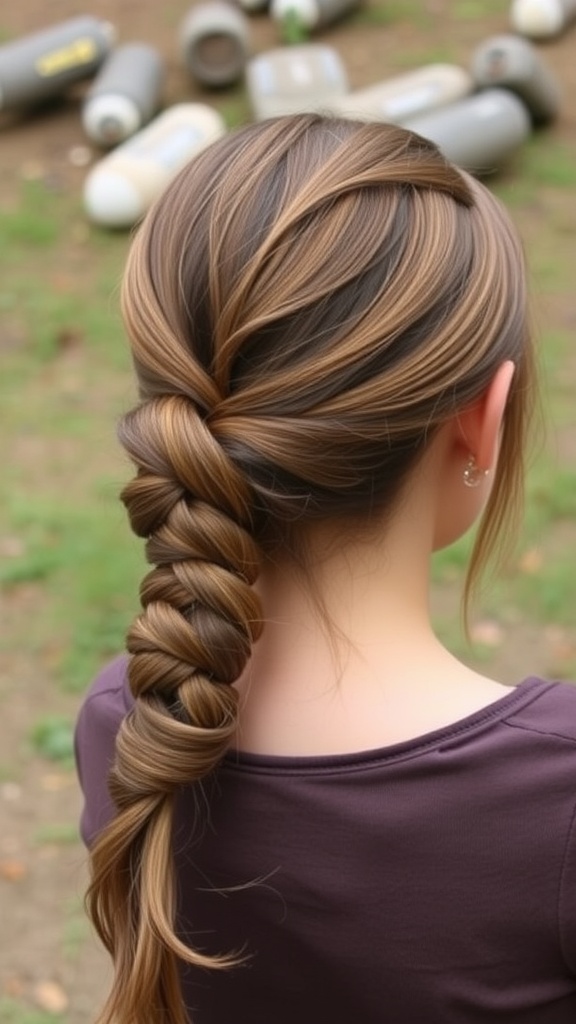 A close-up of a braided hairstyle featuring a knotted hair clip, showcasing a blend of hair colors.