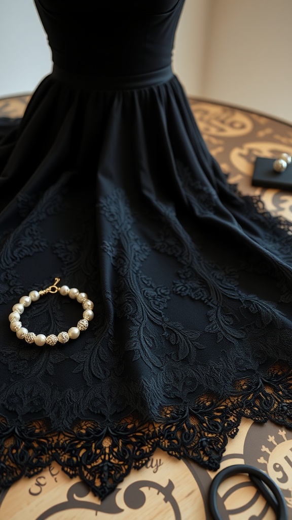 A black dress with lace accents displayed on a table, accompanied by a pearl bracelet and scissors.