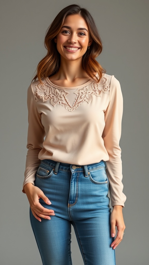 A woman wearing a lace detail long sleeve top with high-waisted jeans, smiling at the camera.