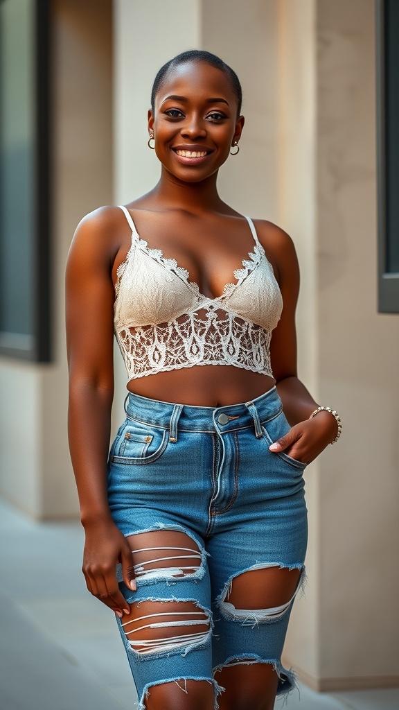 A woman wearing a lace top and distressed jeans, smiling confidently.