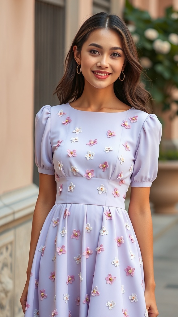 A young woman wearing a lavender A-line gown with floral details, smiling outdoors.