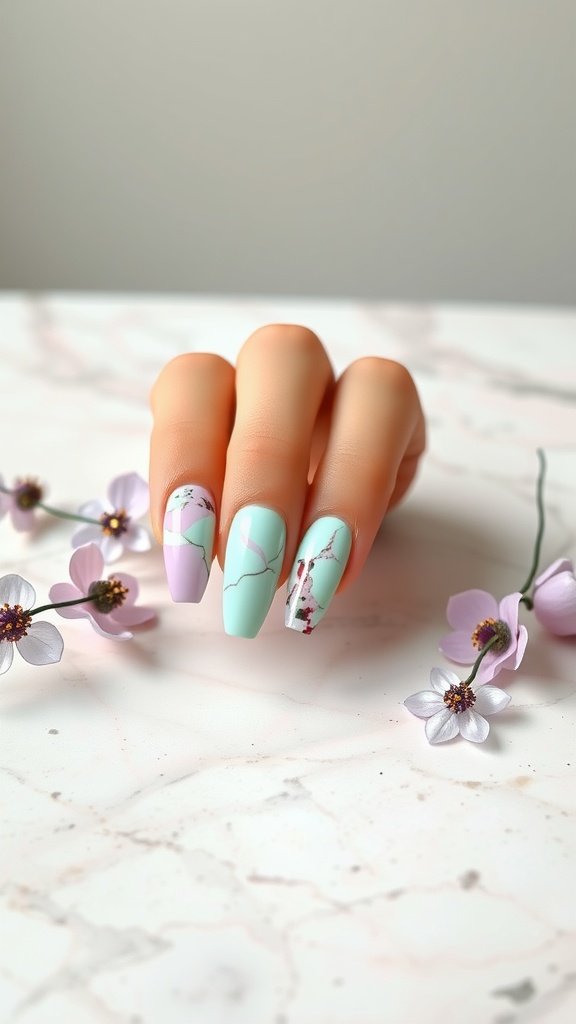 Lavender and mint marble effect nails with floral accents on a marble surface