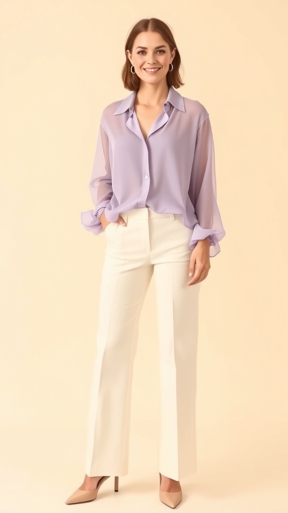 Woman wearing a lavender chiffon long sleeve blouse with wide-leg trousers and nude heels.